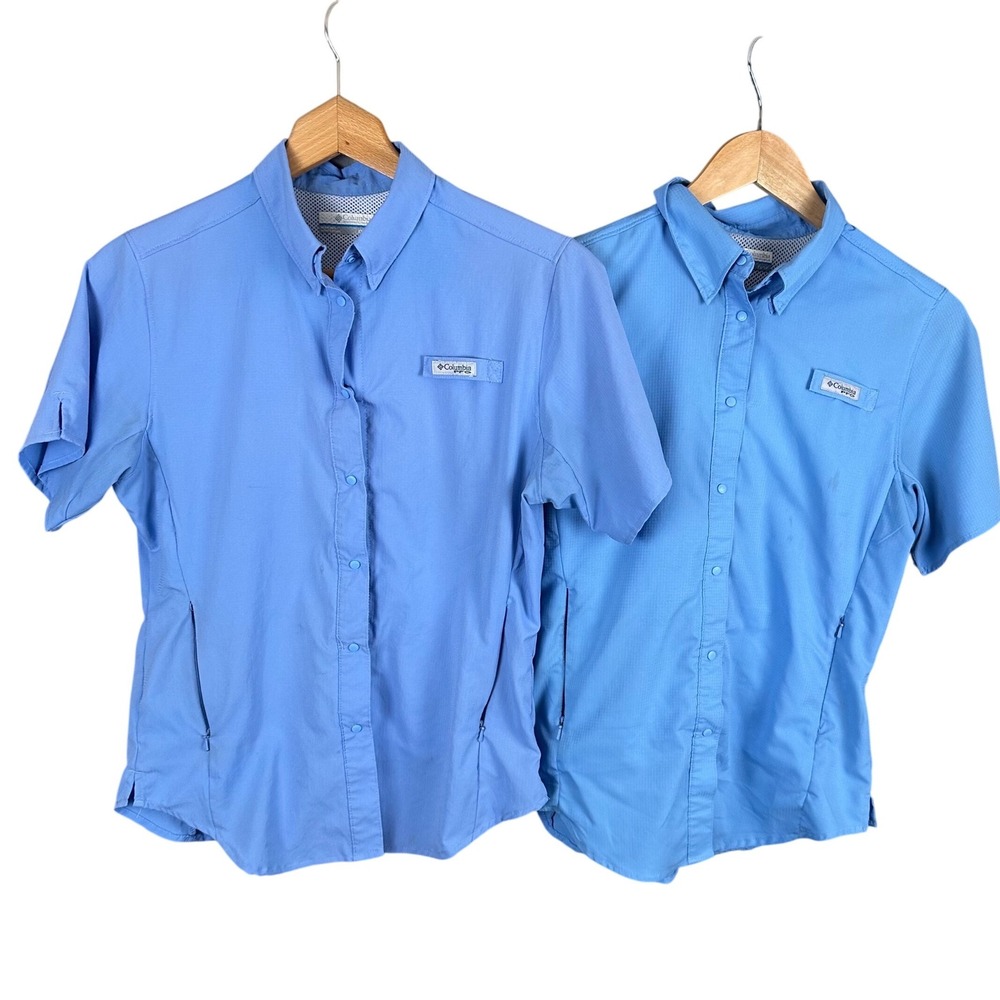 Lot of 2 Columbia PFG Fishing Shirts Womens XS Blue Short Sleeve Ventilated Lot